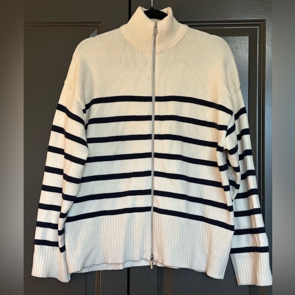 Zara Sweaters - ZARA Cream & Navy Striped Zip-Up Sweater — Double Zipper — Size M